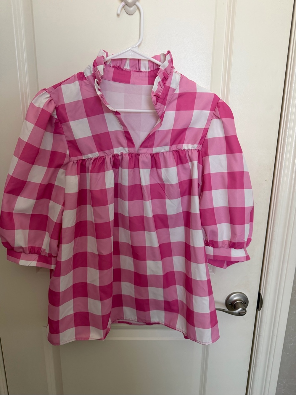 SHEIN Pink and White Gingham Ruffle Collar Blouse